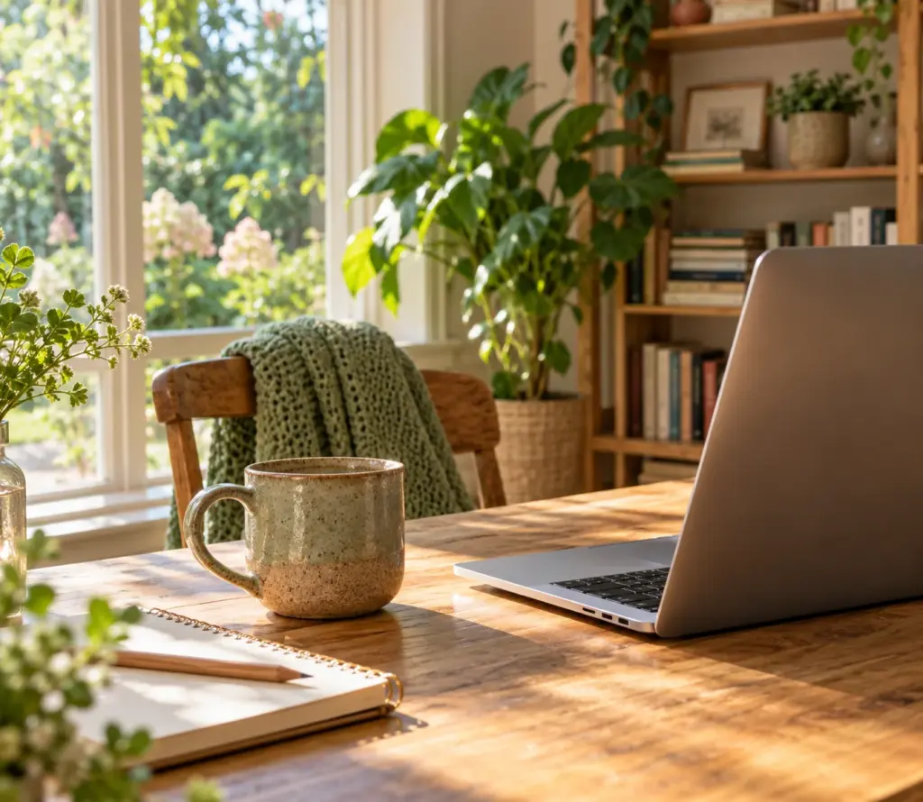 Laptop, notitieboek en mok op een houten tafel bij een raam